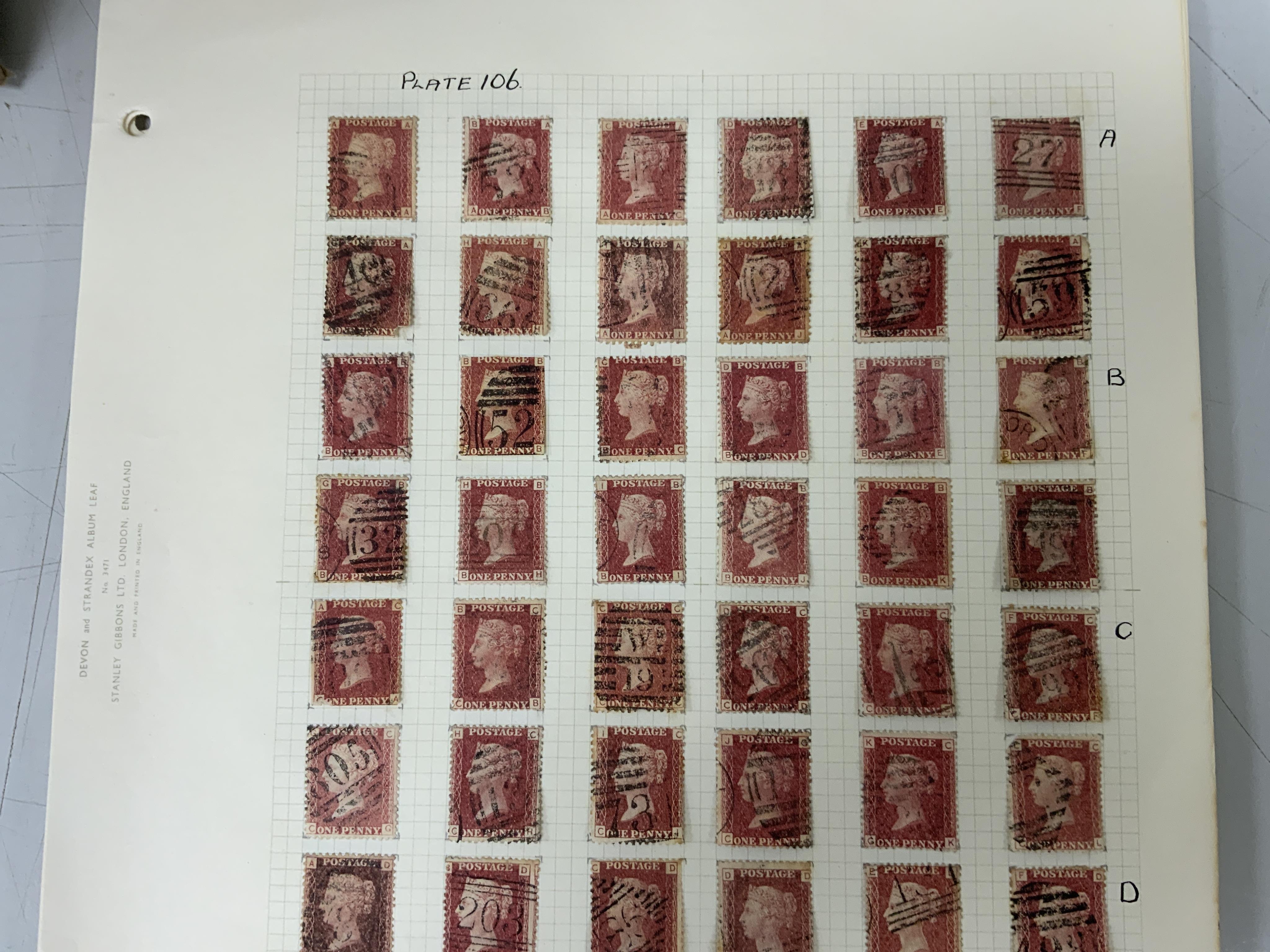 A collection of Victoria stamps including; a Penny red plate reconstruction of plate 106 made up of perforated Penny Reds and issued by the Westminster Collection Ltd., together with Victorian covers with franked Penny R